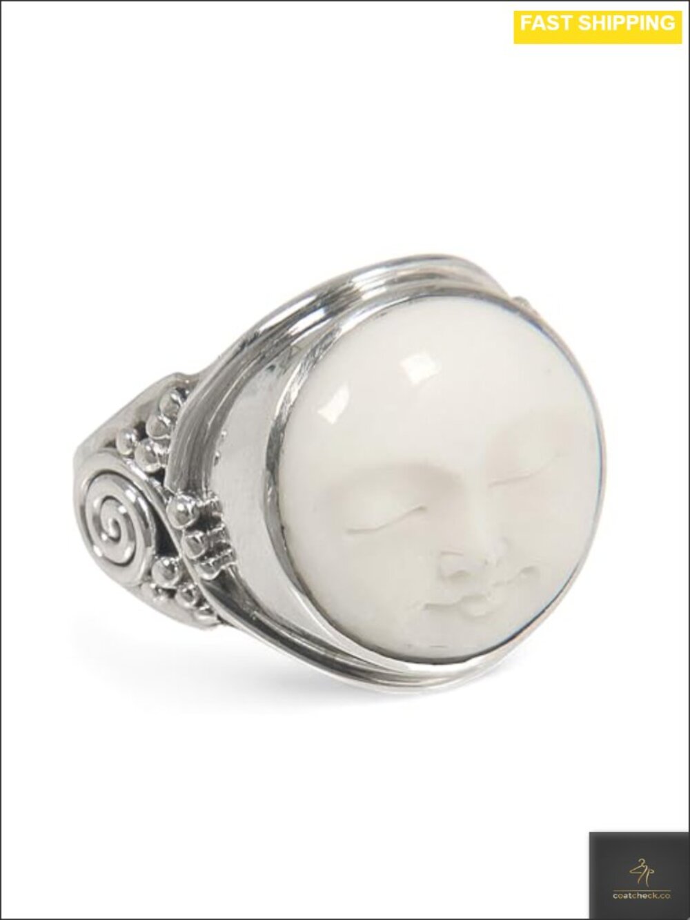 Handmade Artisan Cow Bone Ring Face of the Moon Crafted Sterling Silver